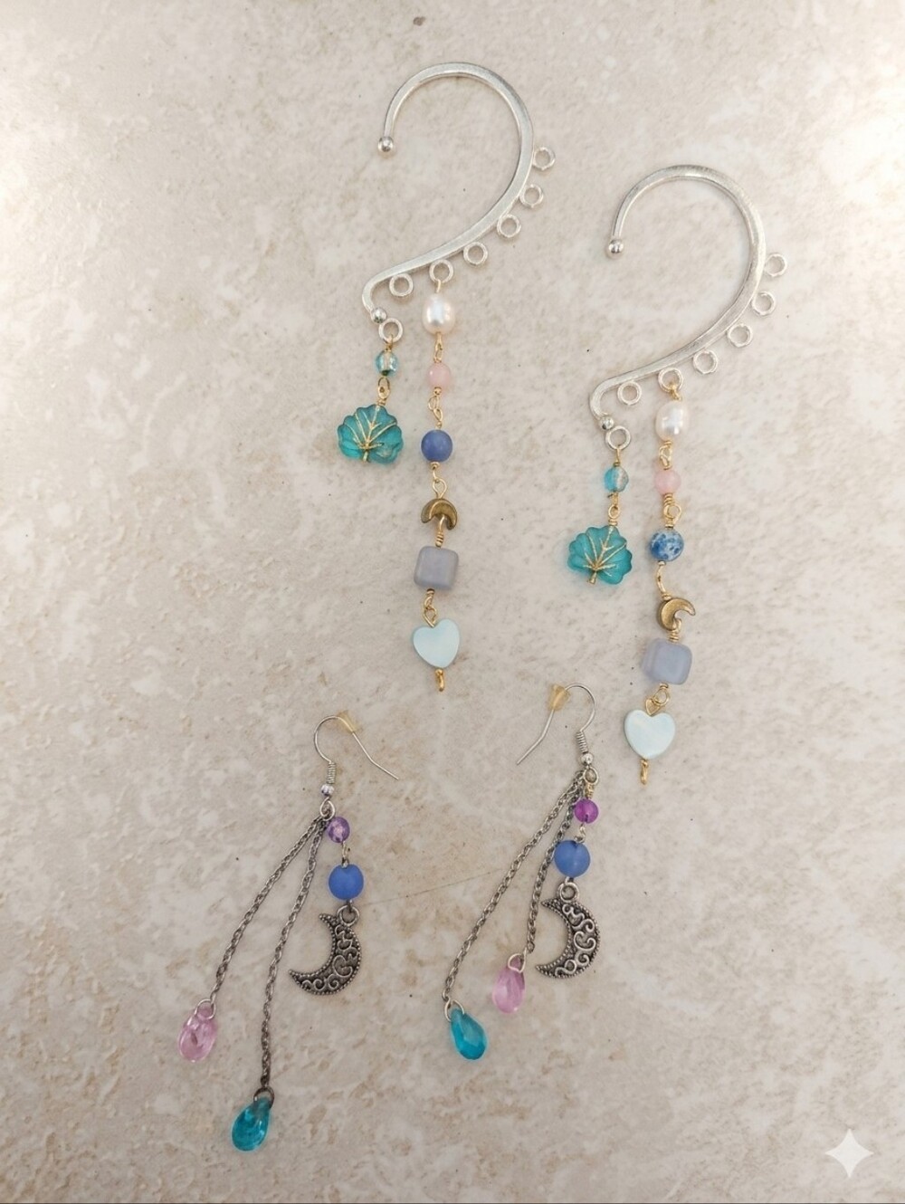 Handcrafted Turquoise & Blue Dangle Ear Cuffs and Earrings Set